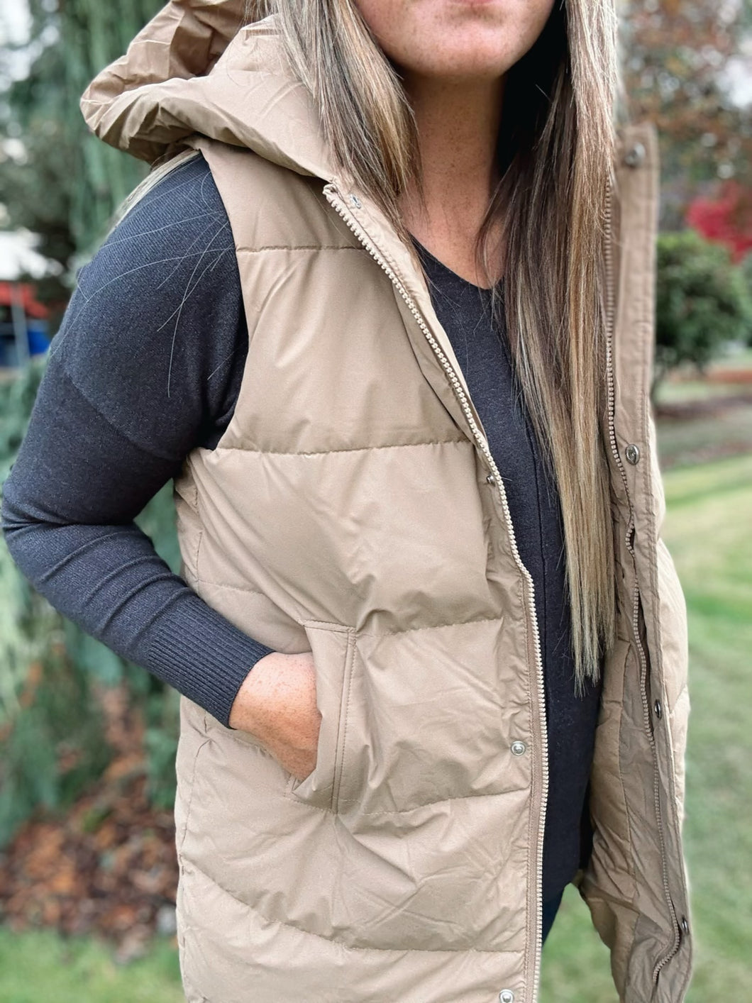 Hooded Long Puffer Vest Camel