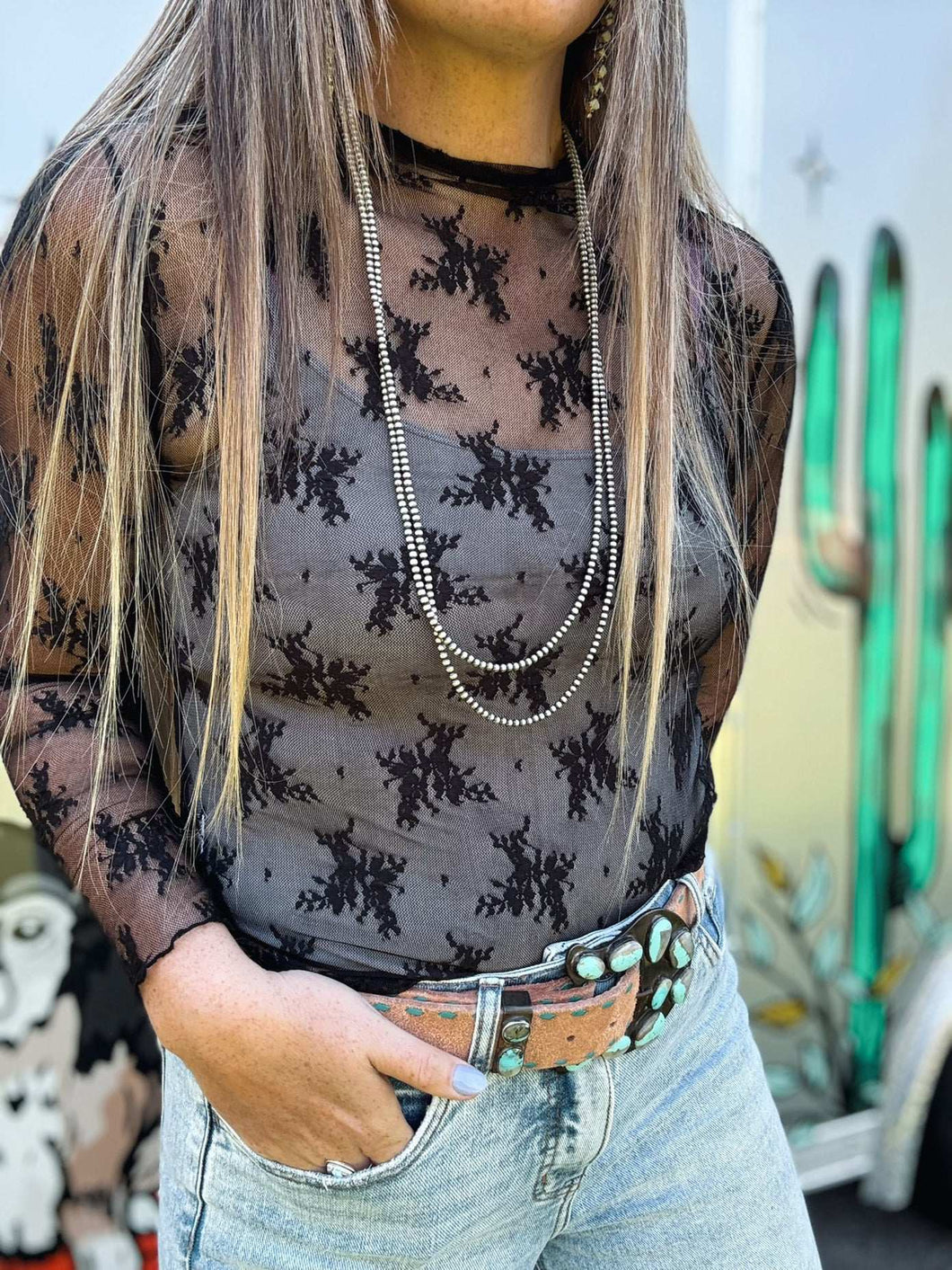 Black Floral Mesh Top