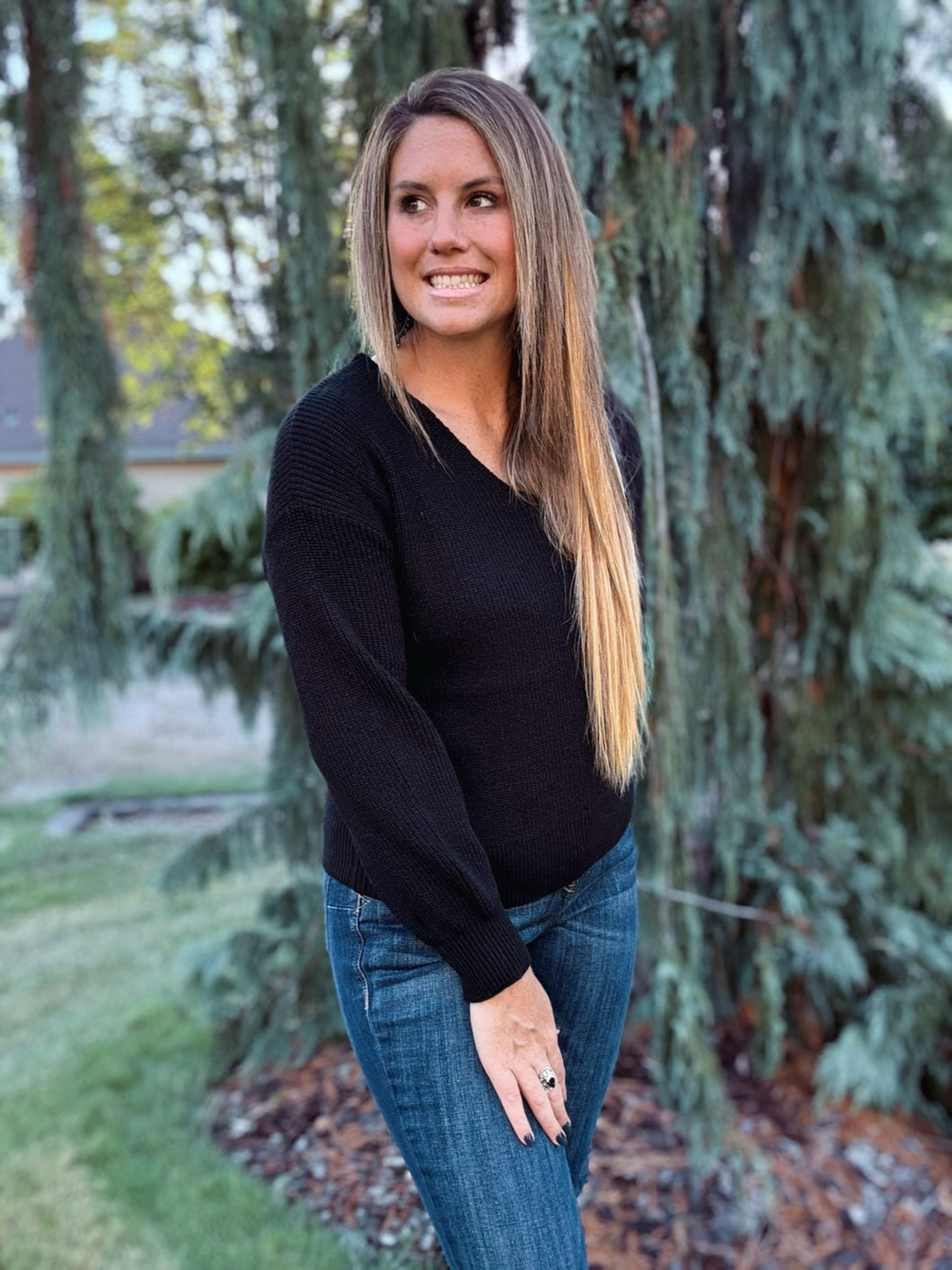 Back Tie V Neck Sweater Black