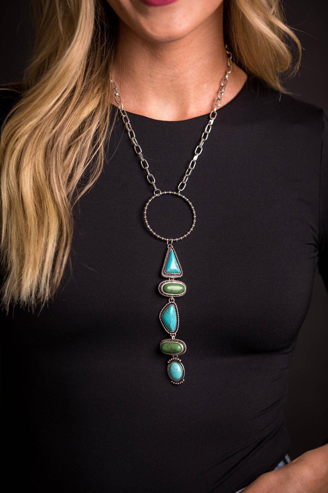 Silver  Chain Necklace with Ring and Turquoise and Green